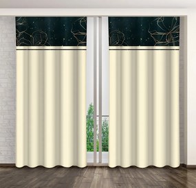 Záves v béžovej farbe s potlačou zlatých kvetín na čierno-zelenom leme Dĺžka: 250 cm