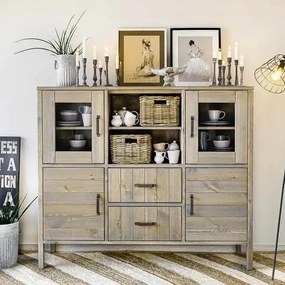 Vysoká rustikálna drevená komoda s vitrínami a 2 zásuvkami 163x47x140 cm