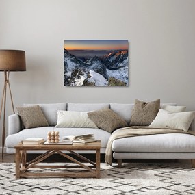 Sklenený obraz - Východ slnka v horách (70x50 cm)