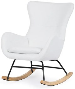 Křeslo houpací, potah bílá látka, dřevěné nohy, masiv kaučukovník