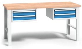 Výškovo nastaviteľný pracovný stôl do dielne WL s 2 závesnými boxami na náradie, buková škárovka, 4 zásuvky, 1700 x 685 x 840 - 1050 mm