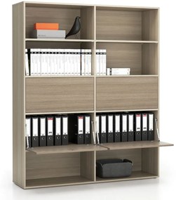 PLAN Široký kancelársky policový regál LAYERS, 4 boxy, 1582 x 400 x 1905, dub prírodný / dub morený