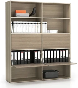PLAN Široký kancelársky policový regál LAYERS, 4 boxy, 1582 x 400 x 1905, dub prírodný / dub morený