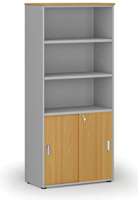 Kombinovaná kancelárska skriňa PRIMO GRAY, zasúvacie dvere na 2 poschodia, 800 x 420 x 1781 mm, sivá/buk