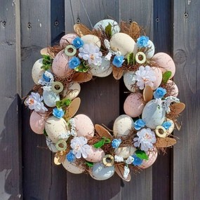 DECOLED Veľkonočný veniec na dvere 30 × 30 × 8 cm, modré kvety a vajíčka, vonkajší