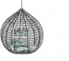 Sivé závesné kreslo KOKON bez stojana, zeleno-biely vankúš