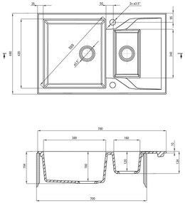Deante Andante, granitový drez 780x490x194 mm + priestorovo úsporný sifón, 1,5komorový, šedá, ZQN_S513