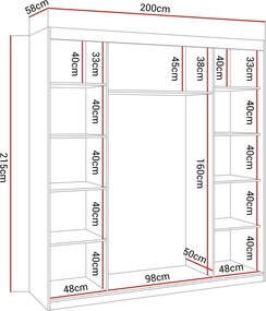Šatníková skriňa s posuvnými dverami MARBELA Bielý lesk 200 x 215 x 58