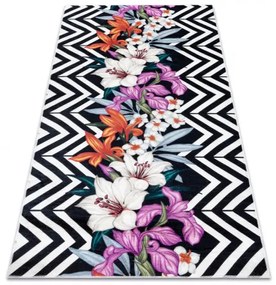 ANDRE 2300 umývací koberec kvety, zigzag vintage protišmykový - čierna / biela Veľkosť: 80x150 cm