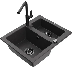 Mexen Carlos, 1,5-komorový granitový drez 582x475x177 mm a drezová batéria Flora, čierna škvrnitá, 6518-76-670401-70-B