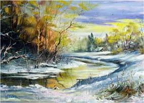Sklenený obraz zimnej rieky, olejomaľba (70x50 cm)