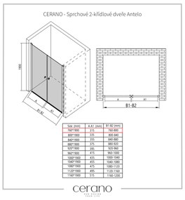 Cerano Antelo, 2-krídlové sprchové dvere do otvoru 76x190 cm, 6mm číre sklo, chrómový profil, CER-CER-432298