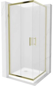 Mexen Rio, štvorcový sprchovací kút s posuvnými dverami 70(dvere) x 70(dvere) x 190 cm, 6mm sklo námraza, zlatý profil + biela sprchová vanička SLIM, 860-070-070-50-30-4010G