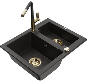 Mexen Carlos, 1,5-komorový granitový drez 582x475x177 mm a drezová batéria Flora, čierna-zlatá metalíza, 6518-75-670401-57-G