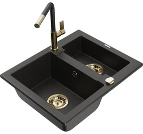 Mexen Carlos, 1,5-komorový granitový drez 582x475x177 mm a drezová batéria Flora, čierna-zlatá metalíza, 6518-75-670401-57-G