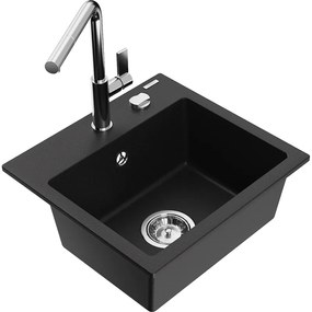 Mexen Milo, 1-komorový granitový drez 435x410x171 mm a drezová batéria Flora, čierna, 6505-77-670401-00