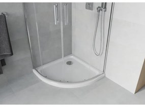 Mexen Rio, štvrťkruhový sprchovací kút s posuvnými dverami 90 x 90 cm, 6mm číre sklo, chrómový profil + biela sprchová vanička, 863-090-090-01-00-4110