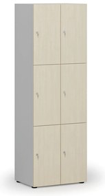 Drevená šatníková skrinka s úložnými boxmi, 6 boxov, cylindrický zámok, sivá/breza