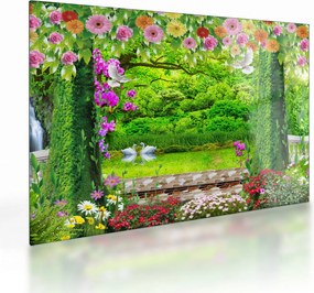 Sklenený obraz - Čarovná záhrada s labuťami (70x50 cm)