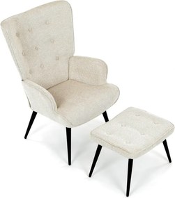 Relaxačné kreslo ušiak s taburetom ROYAL II — kov, látka, krémová