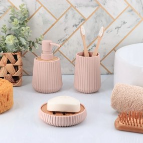 Sada kúpeľňových doplnkov Roza, ružová/s drevenými prvkami