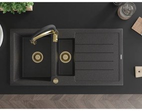Mexen Andres, 1,5-komorový granitový drez 1000x500x200 mm a drezová batéria Aster, čierna škvrnitá, 6515-76-73450-57-G