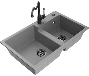 Mexen Tomas, granitový drez 800x500x190 mm, 2-komorový a drezová batéria Carla, šedá, 6516-71-670700-70-B