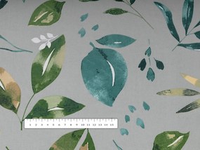Biante Bavlnené posteľné obliečky Sandra SA-430 Modro-zelené listy na sivom Predĺžené 140x220 a 70x90 cm