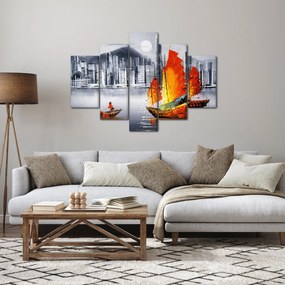 Obraz - Victoria Harbor, Hong Kong, čiernobiela olejomaľba (150x105 cm)