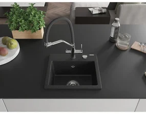 Mexen Milo, granitový drez 435x410x171 mm, 1-komorový a drezová batéria Duo, čierna-strieborná metalíza, 6505-73-671701-07