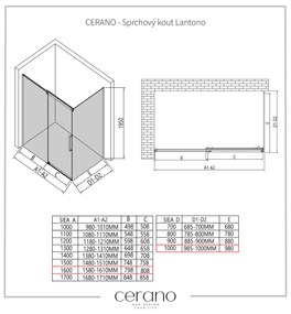 CERANO - Sprchovací kút Lantono L/P - 8 mm - čierna matná, grafitové sklo - 160x100 cm - posuvný, CER-CER-8050BD7534