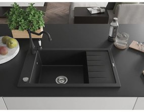 Mexen Elias, granitový drez 795x480x200 mm, 1-komorový a drezová batéria Carla, čierna, 6511-77-670700-70