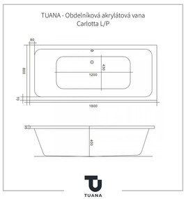 TUANA - Obdĺžniková akrylátová vaňa Carlotta Ľ/P - s príslušenstvom - biela lesklá - 180x80 cm