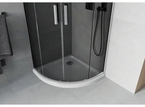 Mexen Rio, štvrťkruhový sprchovací kút s posuvnými dverami 90 x 90 cm, 6mm šedé sklo, chrómový profil + biela sprchová vanička, 863-090-090-01-40-4110