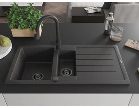 Mexen Andres, 1,5-komorový granitový drez 1000x500x200 mm a drezová batéria Elia, čierna škvrnitá, 6515-76-670101-70-B
