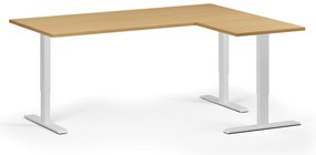 Výškovo nastaviteľný stôl, 180x140 cm, 3 motory, L/P, biela podnož, buk