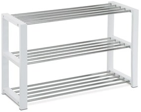 Botník, 3 kovové chromované police, masiv kaučukovník, bílý matný lak