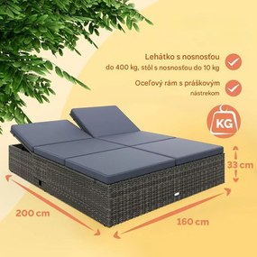 InternetovaZahrada Záhradná ratanová posteľ 200x160 cm sivá - antracit podušky