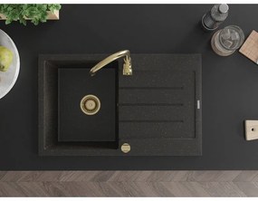 Mexen Bruno, granitový drez 795x495x200 mm, 1-komorový, čierna so zlatou metalízou a zlatým sifónom, 6513791010-75-G