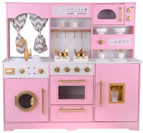 Veľká interaktívna drevená kuchyňa s pôvabnými zlatými doplnkami a kávovarom ZA5933