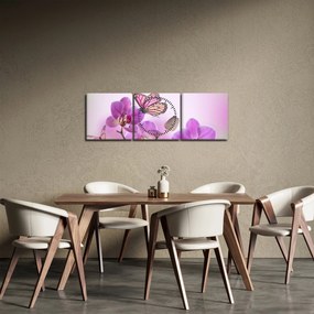 Obraz - Motýľ na kvetoch orchidey, lila (s hodinami) (90x30 cm)