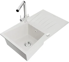 Mexen Cesar, granitový drez 775x470x190 mm, 1-komorový a chrómová batéria Duero, biela, 6514-20-671600-00