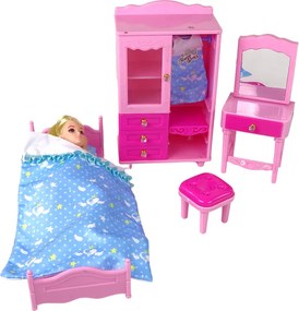 LEAN Toys Bábika so sadou nábytku: posteľ, šatníková skriňa, toaletný stolík