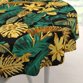 Biante Bavlnený okrúhly obrus Sandra SA-603 Zeleno-zlaté tropické listy na čiernom Ø 50 cm