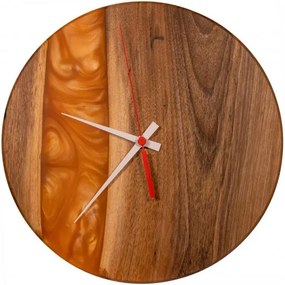 Drevené hodiny s epoxidovou živicou Ø 30CM - orech , oranžová perleť