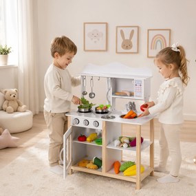 Drevená kuchynka pre deti ECOTOYS s rúrou a 5 kovovými príslušenstvami, biela