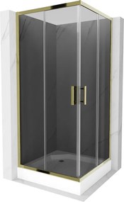 Mexen Rio, štvorcový sprchovací kút s posuvnými dverami 90(dvere) x 90(dvere) x 190 cm, 6mm šedé sklo, zlatý profil + čierna sprchová vanička RIO, 860-090-090-50-40-4510