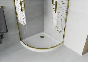 Mexen Rio, štvrťkruhový sprchovací kút s posuvnými dverami 80(dvere) x 80(dvere) x 190 cm, 6mm číre sklo s pásikmi, zlatý profil + biela sprchová vanička SLIM, 863-080-080-50-20-4110G