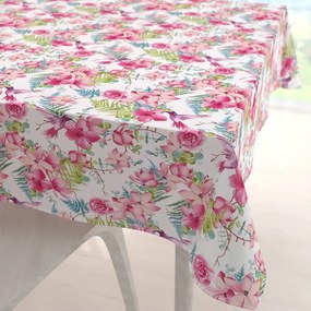 Biante Bavlnený štvorcový obrus Sandra SA-493 Kolibríky s ružovými kvetmi na bielom 150x150 cm