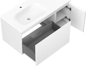 Mexen Rivel, kúpeľňová skrinka 100 cm s umývadlom Vela ľavá, 1S, 1D, drážkovaná, biela matná, 91A23-10047-3-BBFF01-W23L01